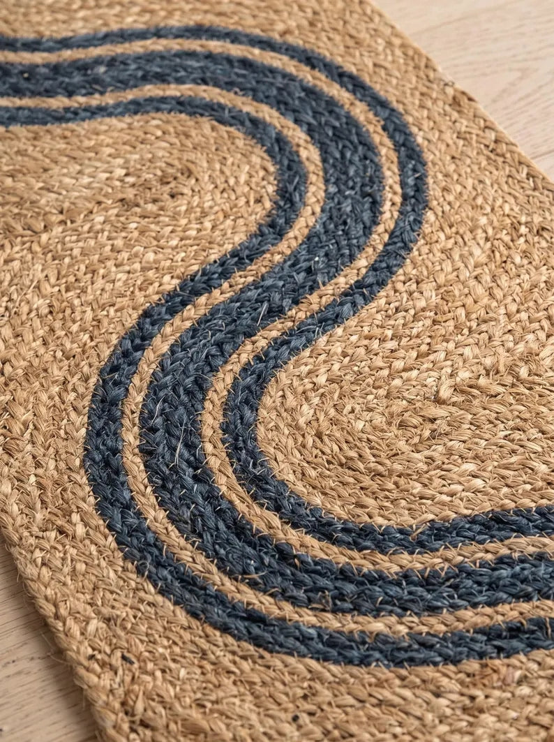 Handwoven Jute Stair Treads Navy Blue Accent Design Minimalist Step Mats