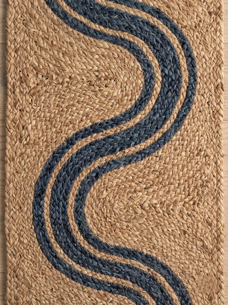 Handwoven Jute Stair Treads Navy Blue Accent Design Minimalist Step Mats