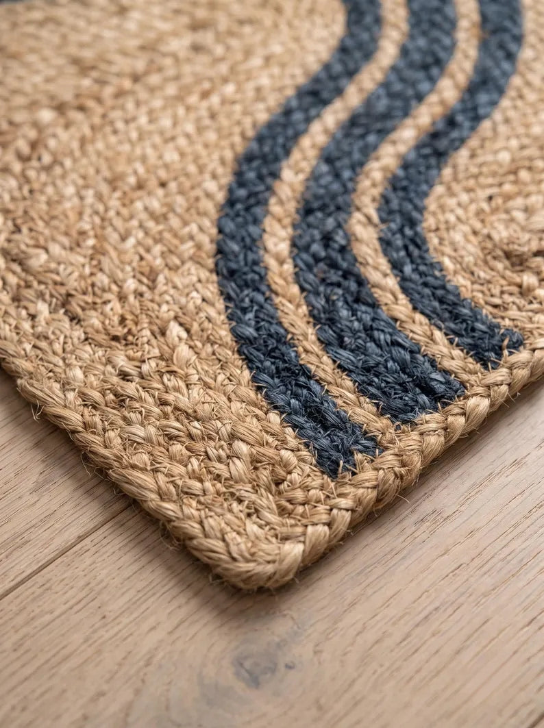 Handwoven Jute Stair Treads Navy Blue Accent Design Minimalist Step Mats