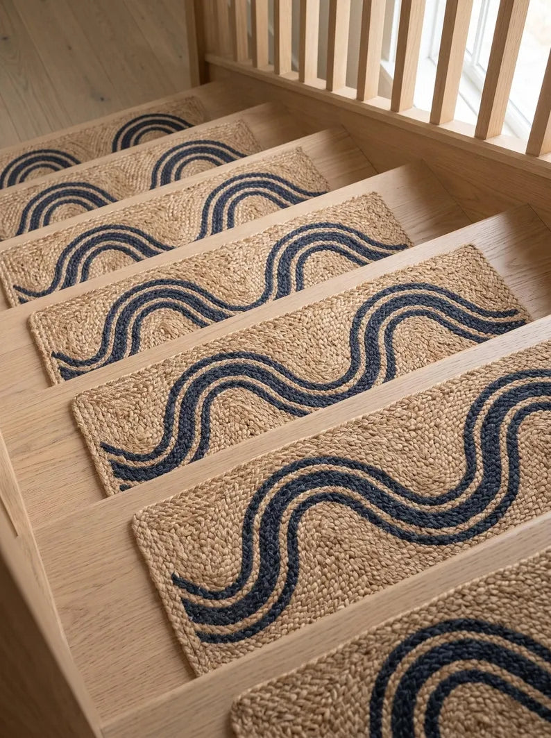 Handwoven Jute Stair Treads Navy Blue Accent Design Minimalist Step Mats