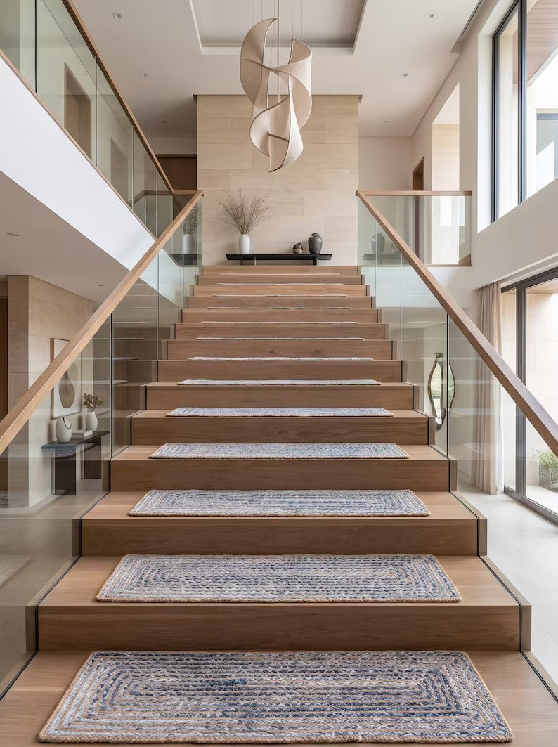 Handmade Jute Stair Treads Blue Cotton Racetrack Pattern Step Rugs Set