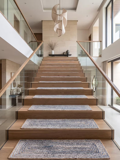 Handmade Jute Stair Treads Blue Cotton Racetrack Pattern Step Rugs Set