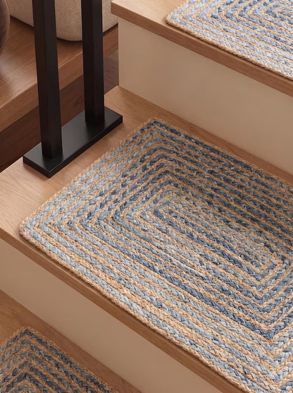 Handmade Jute Stair Treads Blue Cotton Racetrack Pattern Step Rugs Set