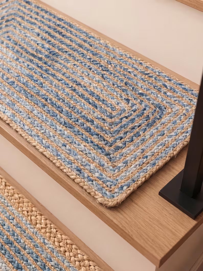 Handmade Jute Stair Treads Blue Cotton Racetrack Pattern Step Rugs Set