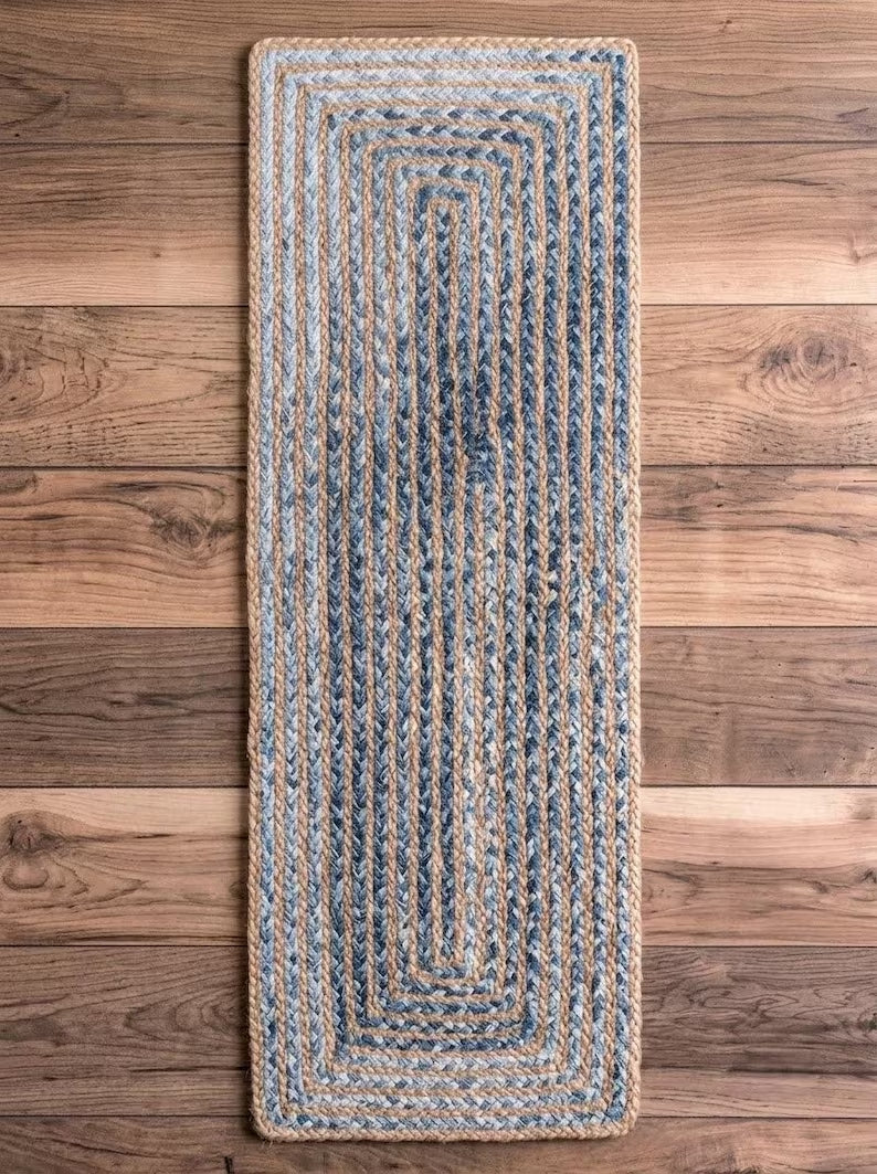 Handmade Jute Stair Treads Blue Cotton Racetrack Pattern Step Rugs Set