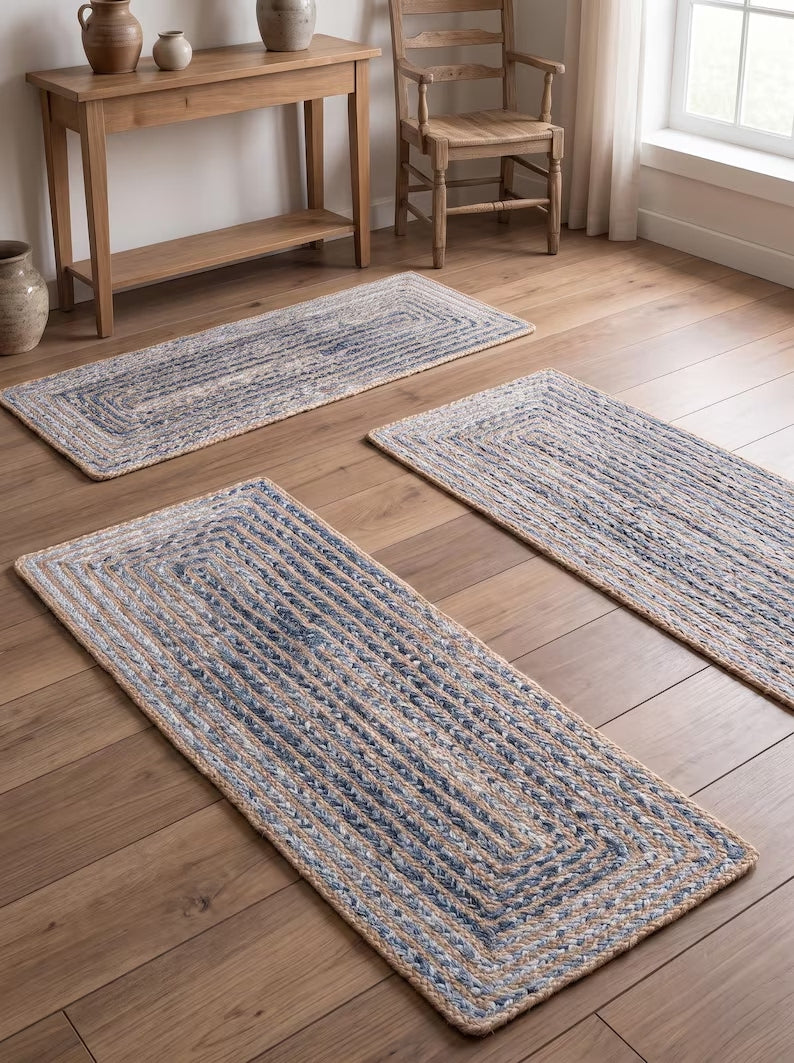 Handmade Jute Stair Treads Blue Cotton Racetrack Pattern Step Rugs Set