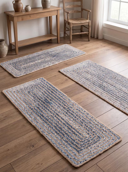 Handmade Jute Stair Treads Blue Cotton Racetrack Pattern Step Rugs Set