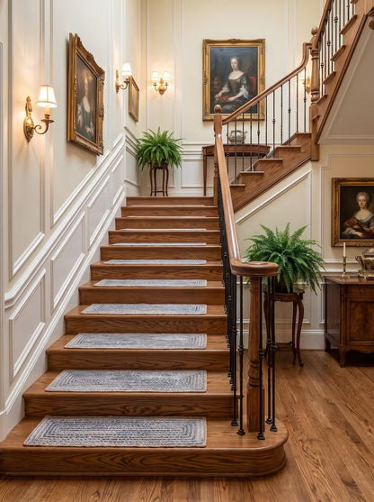 Handmade Jute Stair Treads Blue Cotton Racetrack Pattern Step Rugs Set