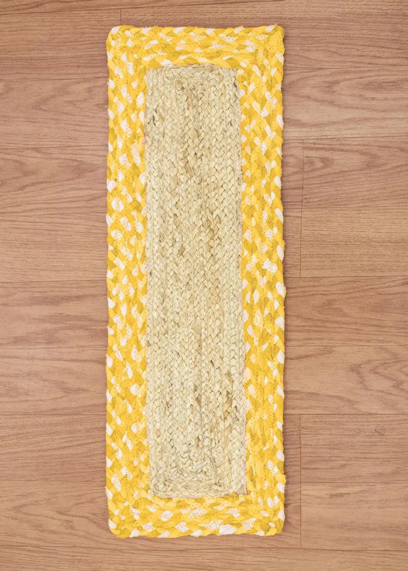 Handmade Yellow Jute Stair Treads Chindi Cotton Braided Stair Mats