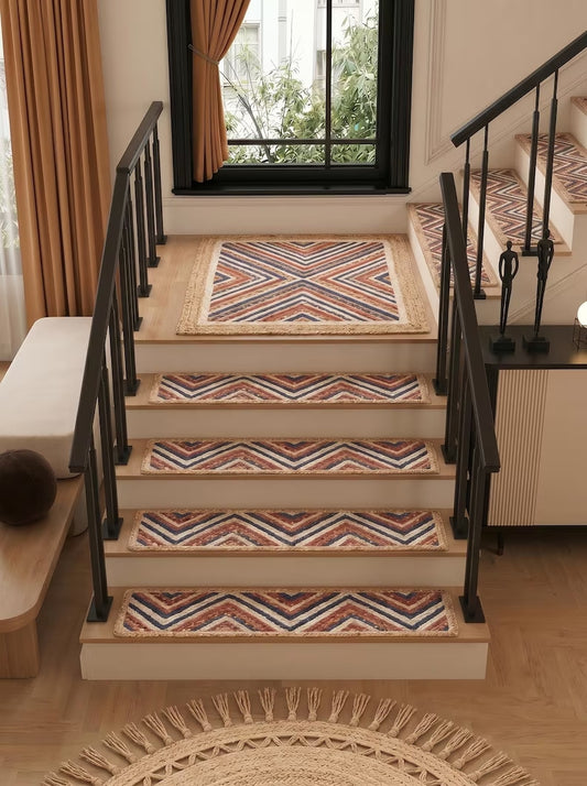 Hand Braided Jute Stair Treads Multicolor Boho Recycled Cotton Rugs