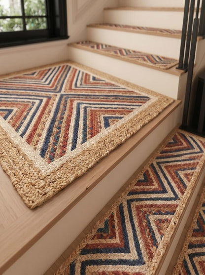 Hand Braided Jute Stair Treads Multicolor Boho Recycled Cotton Rugs