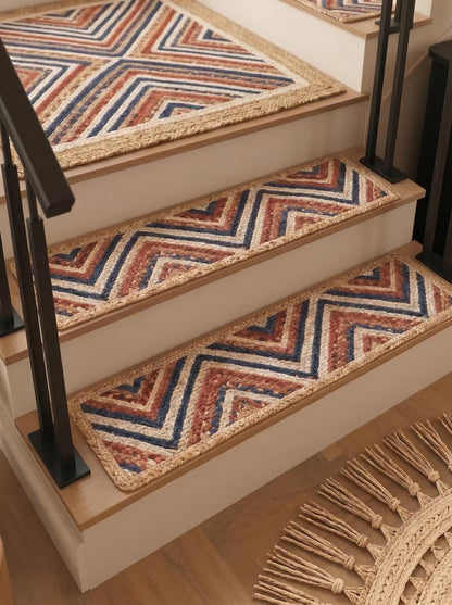 Hand Braided Jute Stair Treads Multicolor Boho Recycled Cotton Rugs
