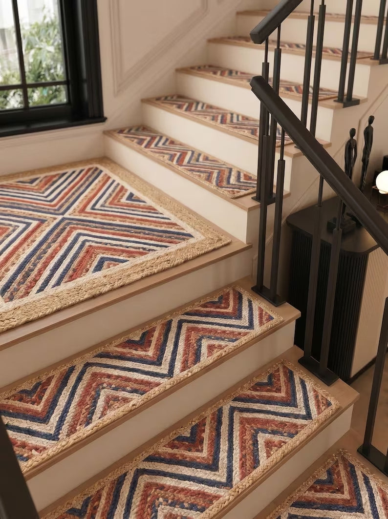 Hand Braided Jute Stair Treads Multicolor Boho Recycled Cotton Rugs