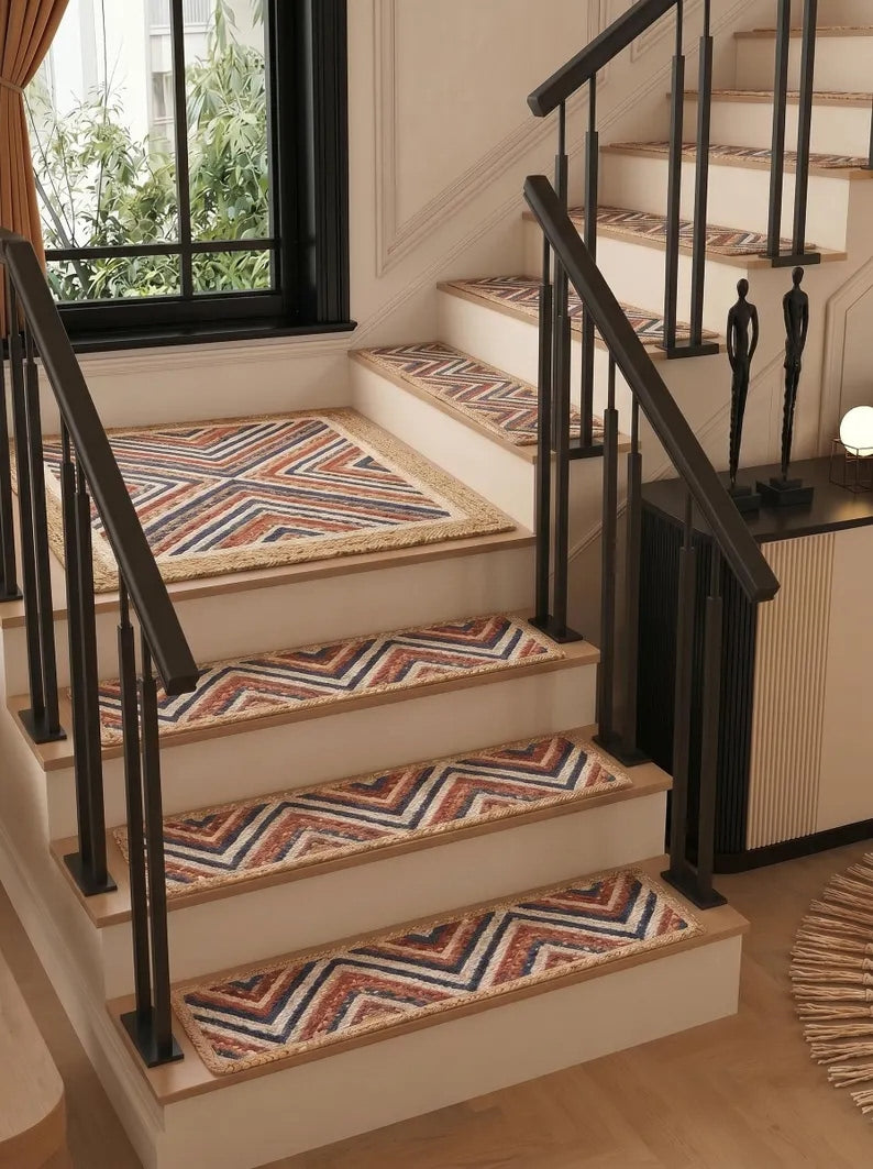 Hand Braided Jute Stair Treads Multicolor Boho Recycled Cotton Rugs