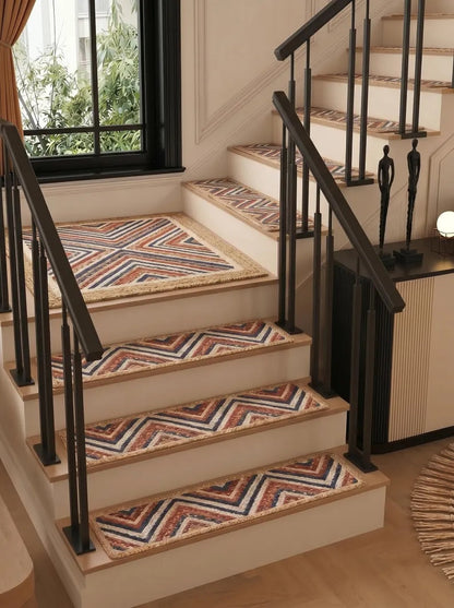 Hand Braided Jute Stair Treads Multicolor Boho Recycled Cotton Rugs