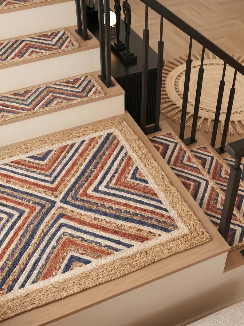 Hand Braided Jute Stair Treads Multicolor Boho Recycled Cotton Rugs