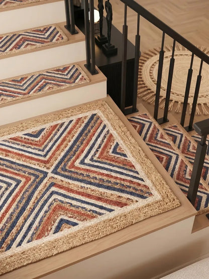 Hand Braided Jute Stair Treads Multicolor Boho Recycled Cotton Rugs