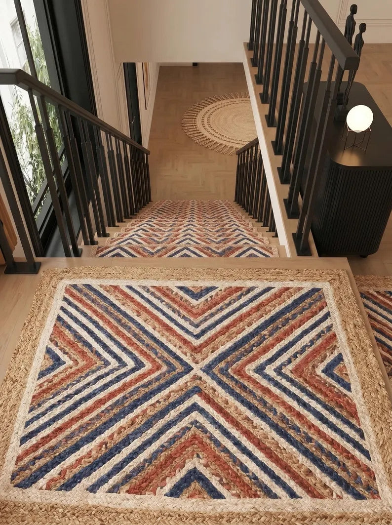 Hand Braided Jute Stair Treads Multicolor Boho Recycled Cotton Rugs