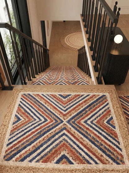 Hand Braided Jute Stair Treads Multicolor Boho Recycled Cotton Rugs