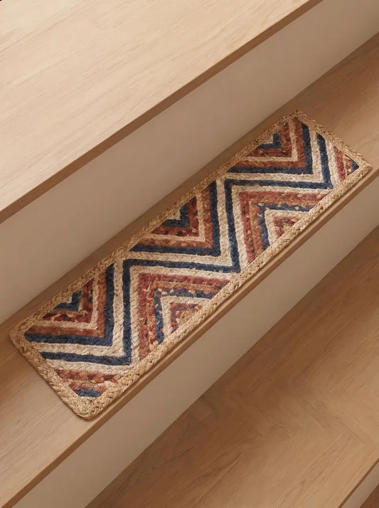 Hand Braided Jute Stair Treads Multicolor Boho Recycled Cotton Rugs