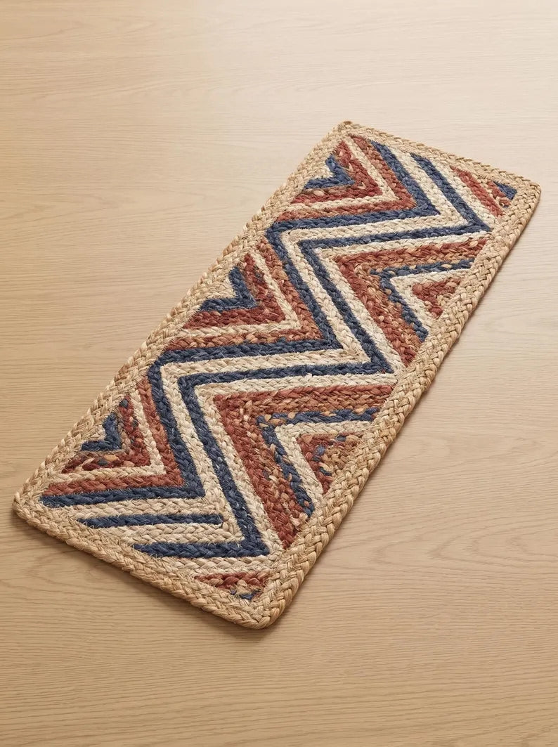 Hand Braided Jute Stair Treads Multicolor Boho Recycled Cotton Rugs