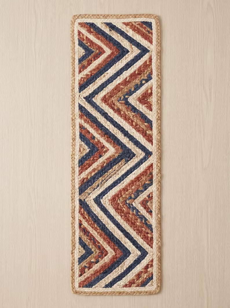 Hand Braided Jute Stair Treads Multicolor Boho Recycled Cotton Rugs
