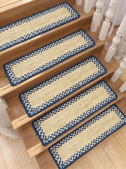 Braided Jute Stair Treads Blue Border Natural Beige Rustic Step Mats