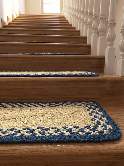 Braided Jute Stair Treads Blue Border Natural Beige Rustic Step Mats