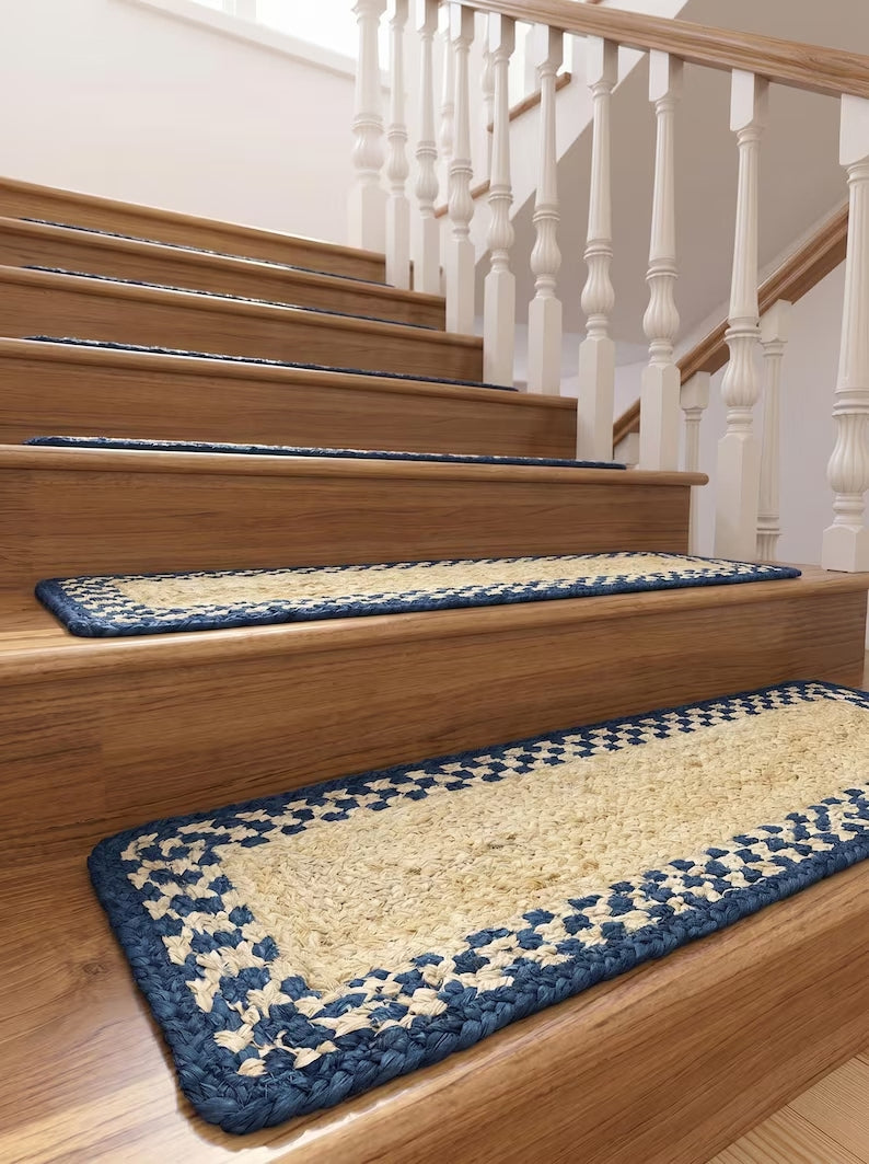 Braided Jute Stair Treads Blue Border Natural Beige Rustic Step Mats
