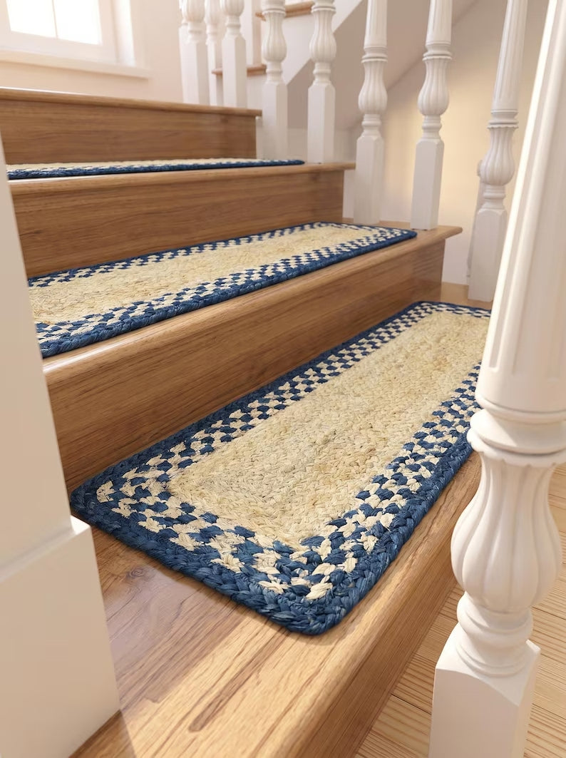 Braided Jute Stair Treads Blue Border Natural Beige Rustic Step Mats
