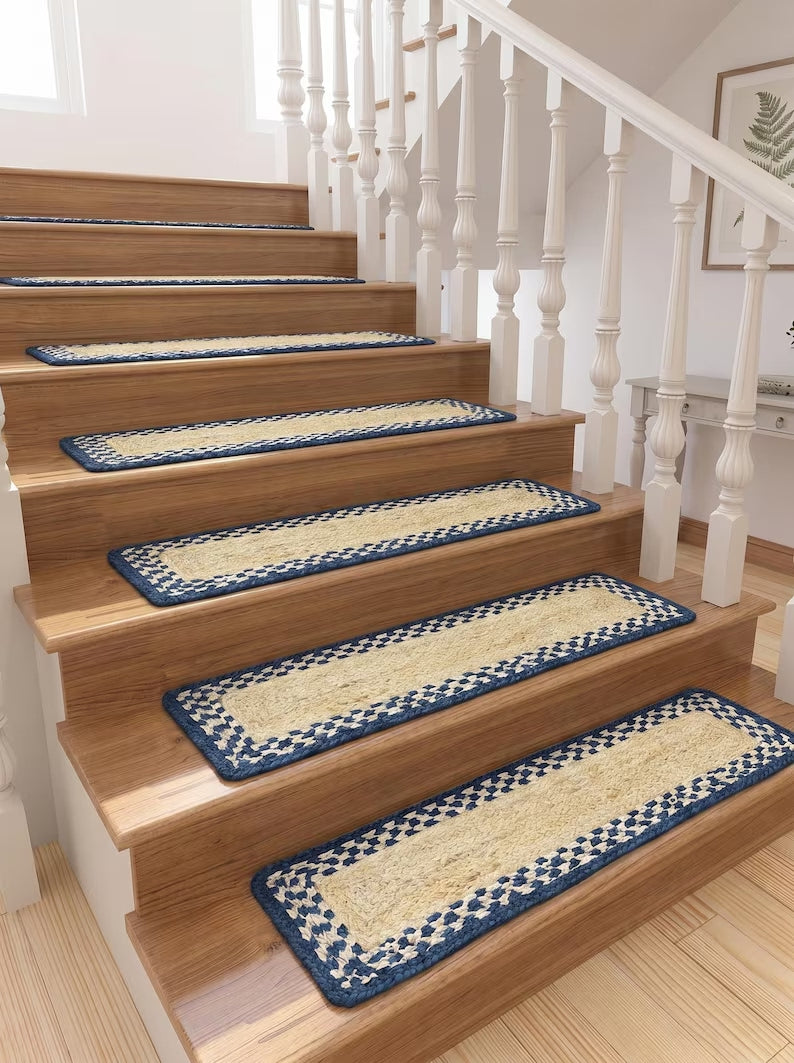 Braided Jute Stair Treads Blue Border Natural Beige Rustic Step Mats