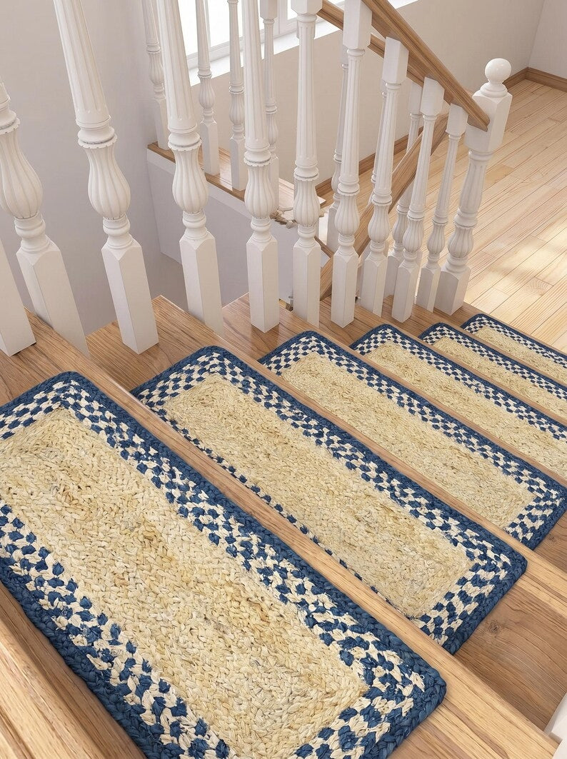 Braided Jute Stair Treads Blue Border Natural Beige Rustic Step Mats