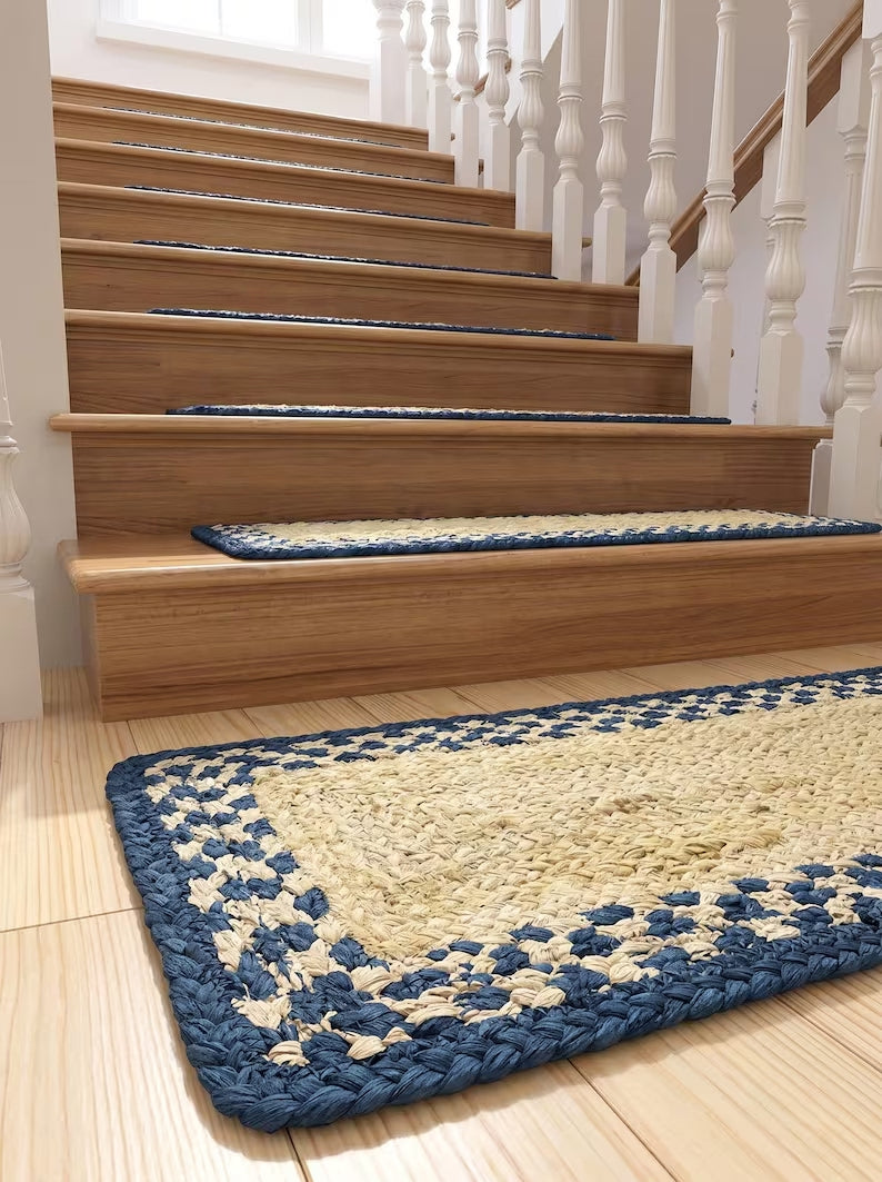 Braided Jute Stair Treads Blue Border Natural Beige Rustic Step Mats