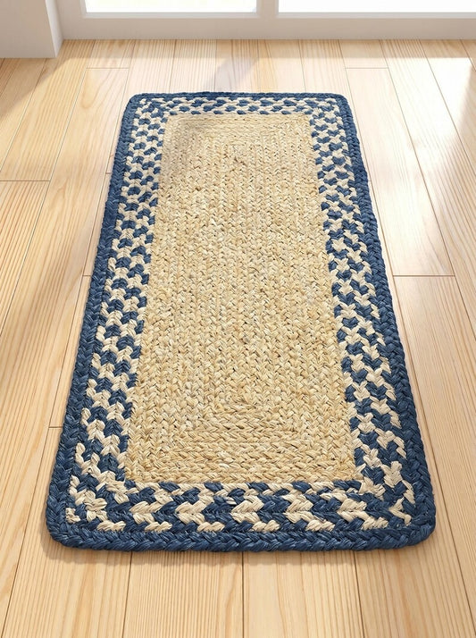 Braided Jute Stair Treads Blue Border Natural Beige Rustic Step Mats