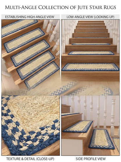 Braided Jute Stair Treads Blue Border Natural Beige Rustic Step Mats