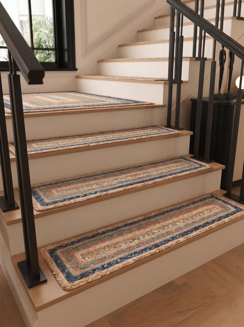 Handmade Jute Braided Stair Treads Multicolor Boho Farmhouse Step Rugs