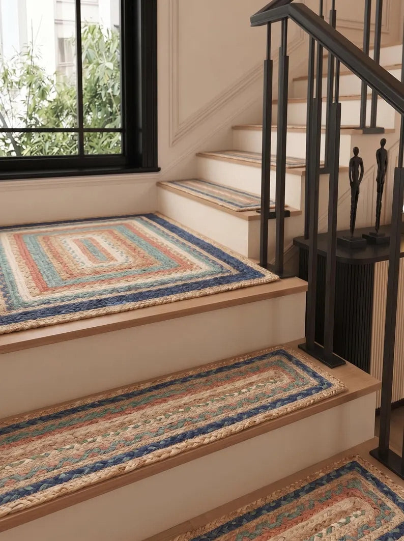 Handmade Jute Braided Stair Treads Multicolor Boho Farmhouse Step Rugs