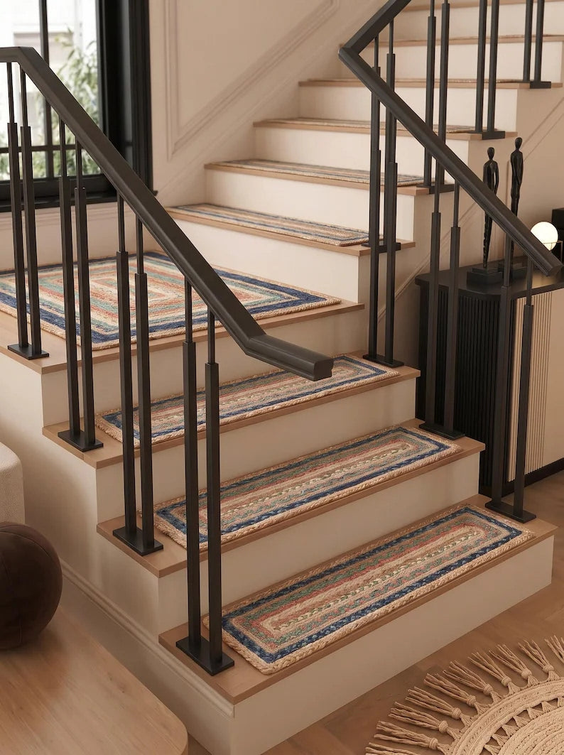Handmade Jute Braided Stair Treads Multicolor Boho Farmhouse Step Rugs