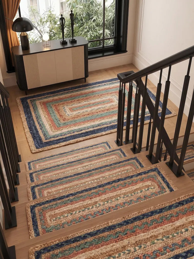 Handmade Jute Braided Stair Treads Multicolor Boho Farmhouse Step Rugs