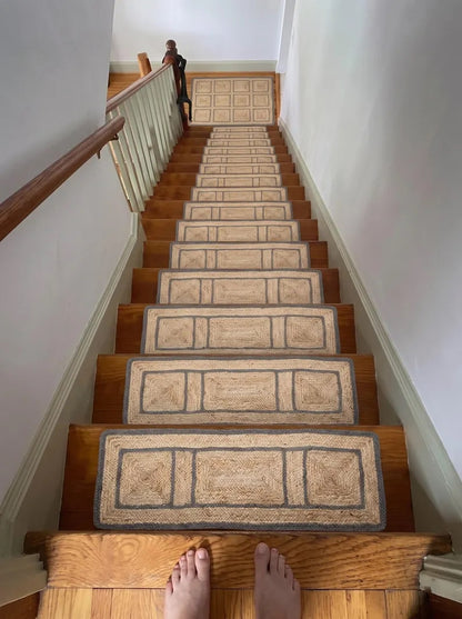 Hand Braided Jute Stair Treads with Dusty Blue Border, Farmhouse Decor