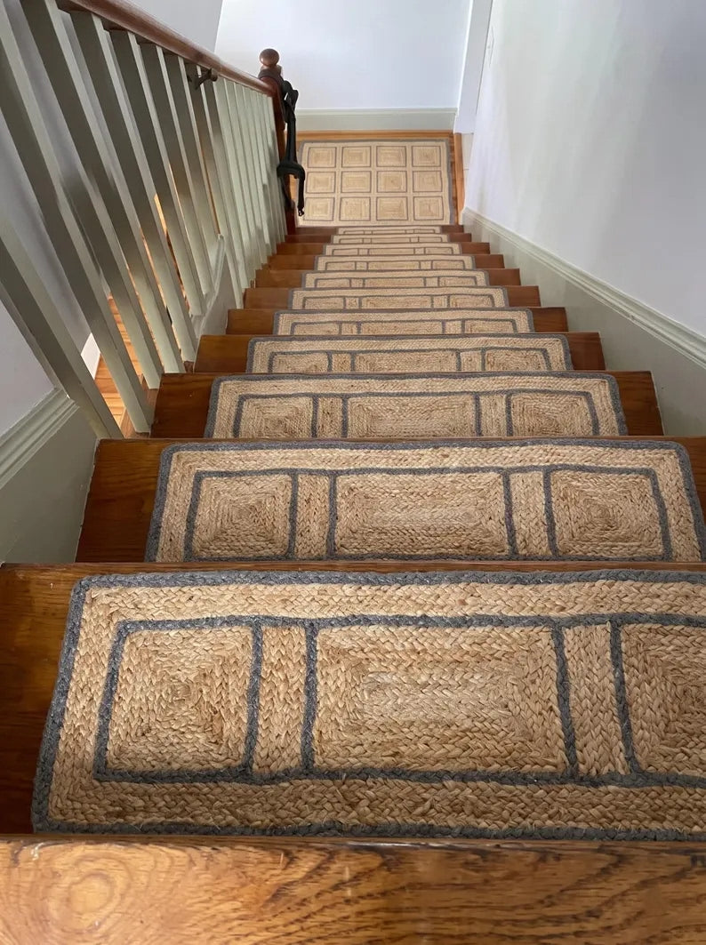 Hand Braided Jute Stair Treads with Dusty Blue Border, Farmhouse Decor