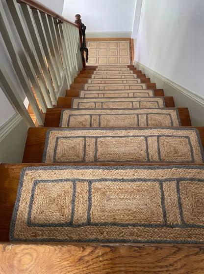 Hand Braided Jute Stair Treads with Dusty Blue Border, Farmhouse Decor