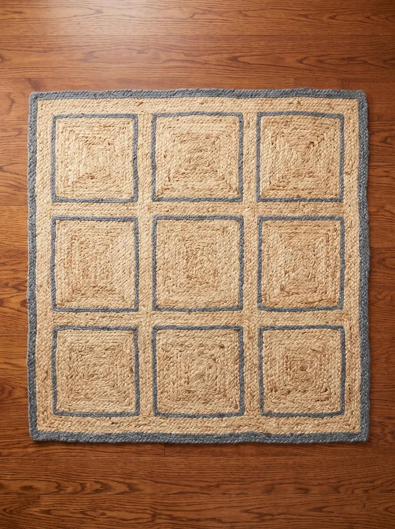 Hand Braided Jute Stair Treads with Dusty Blue Border, Farmhouse Decor