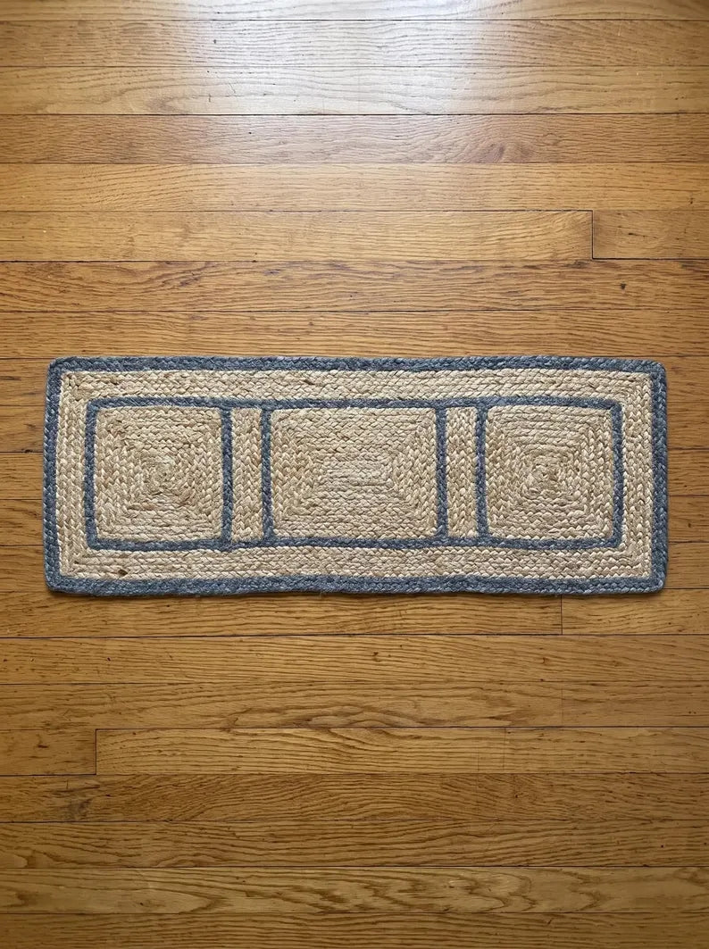 Hand Braided Jute Stair Treads with Dusty Blue Border, Farmhouse Decor