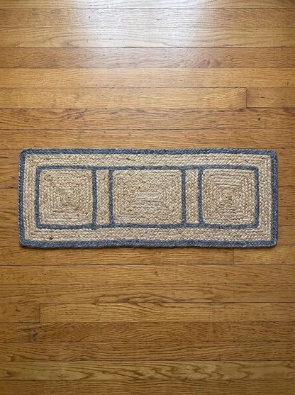 Hand Braided Jute Stair Treads with Dusty Blue Border, Farmhouse Decor