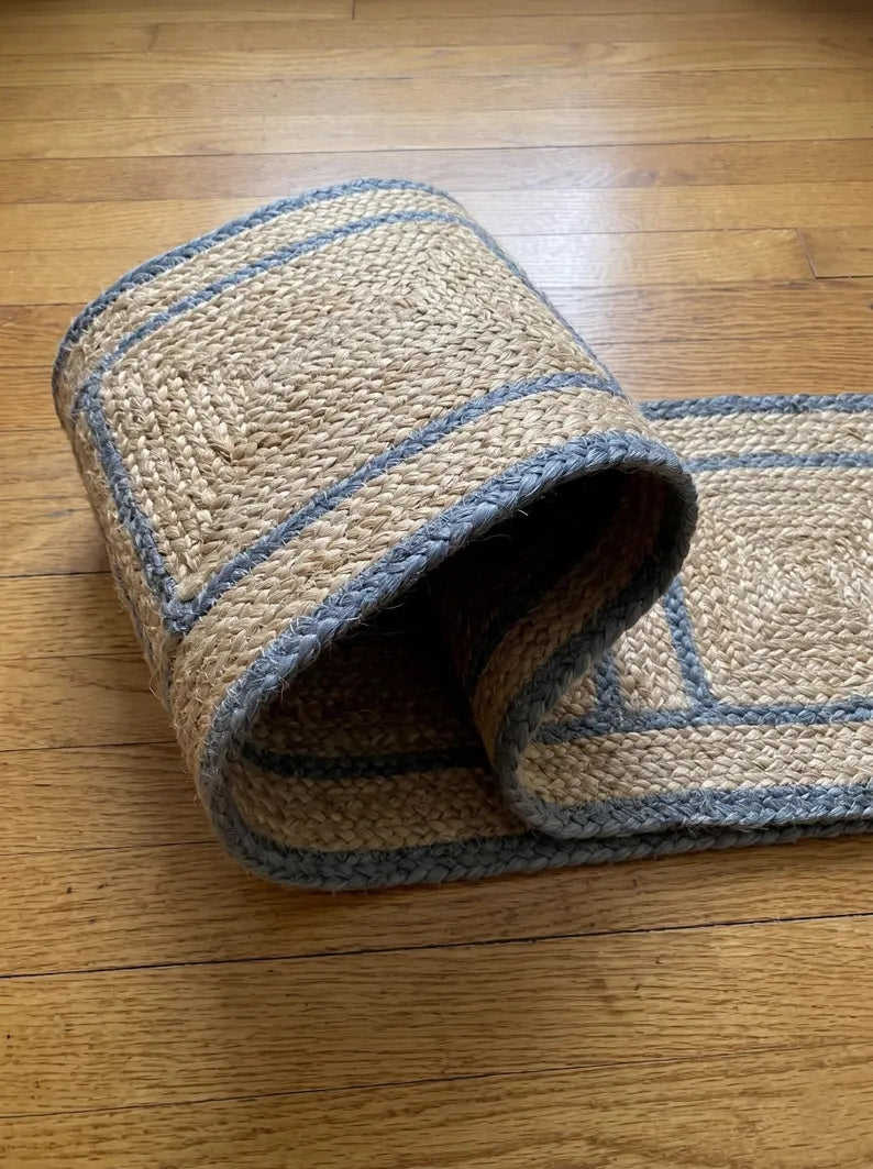 Hand Braided Jute Stair Treads with Dusty Blue Border, Farmhouse Decor