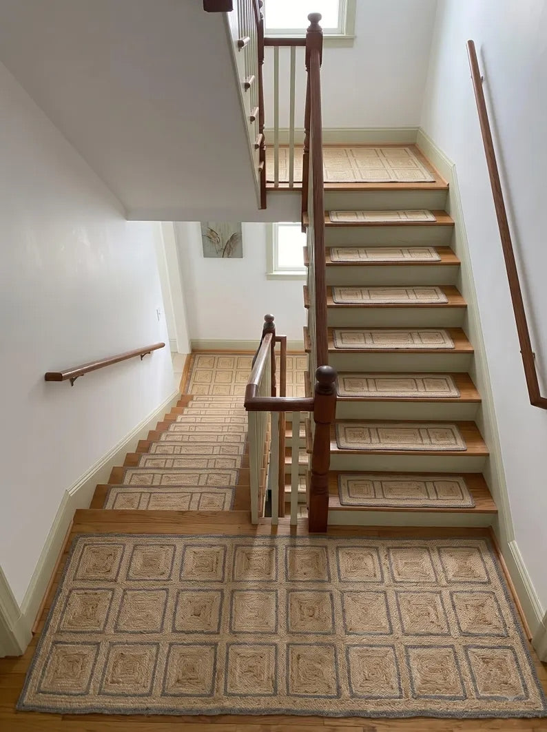 Hand Braided Jute Stair Treads with Dusty Blue Border, Farmhouse Decor