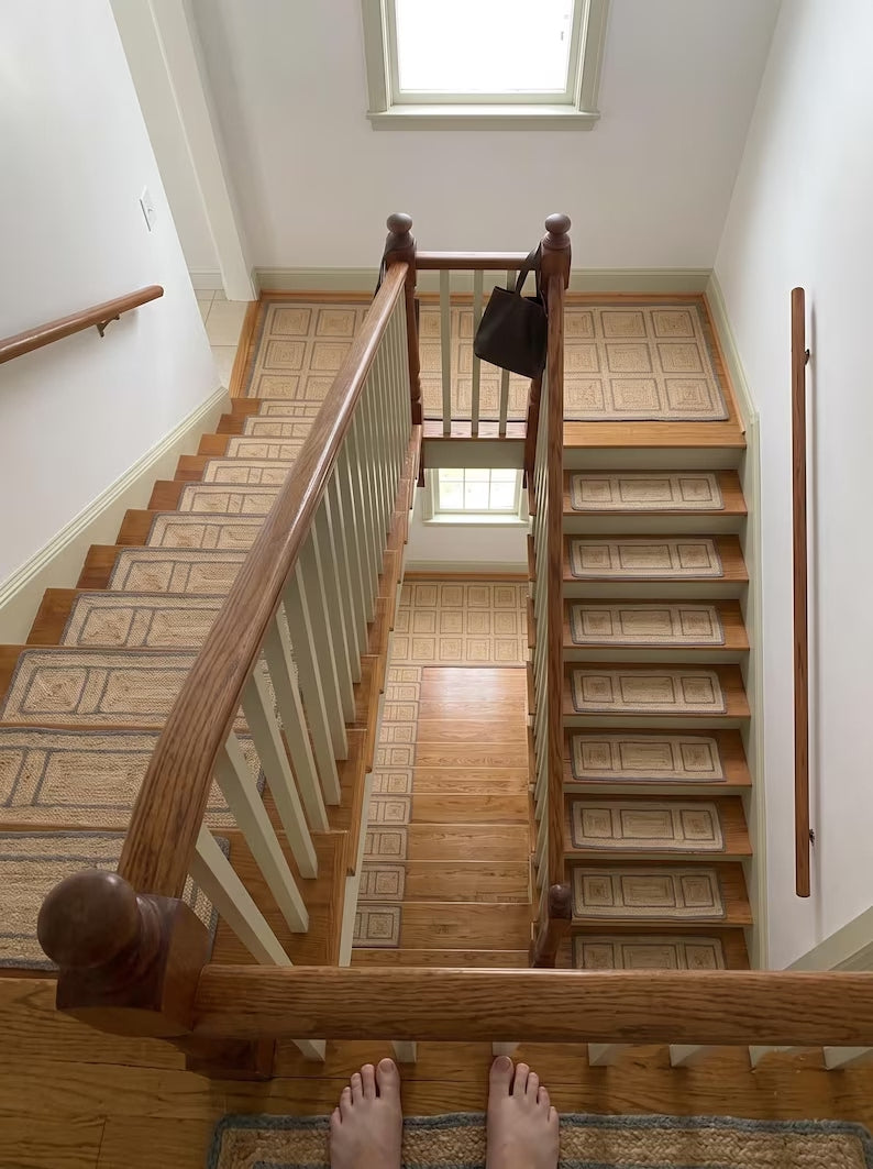 Hand Braided Jute Stair Treads with Dusty Blue Border, Farmhouse Decor