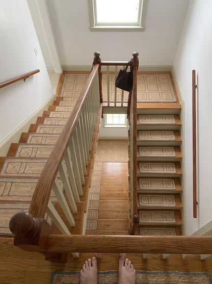 Hand Braided Jute Stair Treads with Dusty Blue Border, Farmhouse Decor