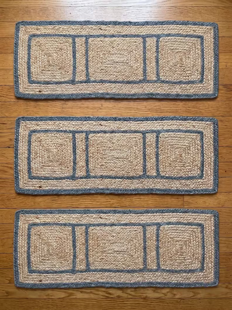 Hand Braided Jute Stair Treads with Dusty Blue Border, Farmhouse Decor